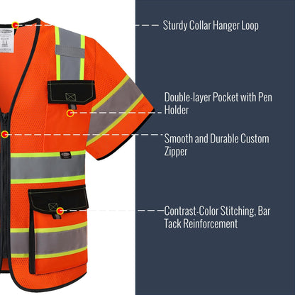 JKSafety Safety Vest for Men Women Hi Vis with Pockets and Cushioned Collar Construction Vest Meet ANSI Standard (BX360)