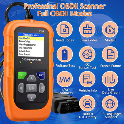 Car OBD2 Scanner Diagnostic Tool, Code Reader, Voltage Tester, Check Engine Light Fault Code, OBD2/EOBD for OBDII Protocol Car & Truck Since 1996+