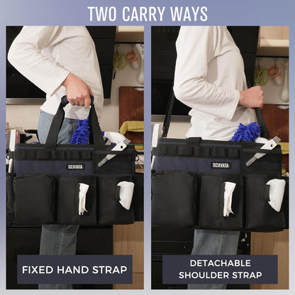 SCAVATA Wearable Cleaning Caddy Bag, Supplies Organizer with Handle & Shoulder Straps for Housekeepers, Under Sink & Car Cleaning Tool Organizer with 4 Foldable Dividers (Black)