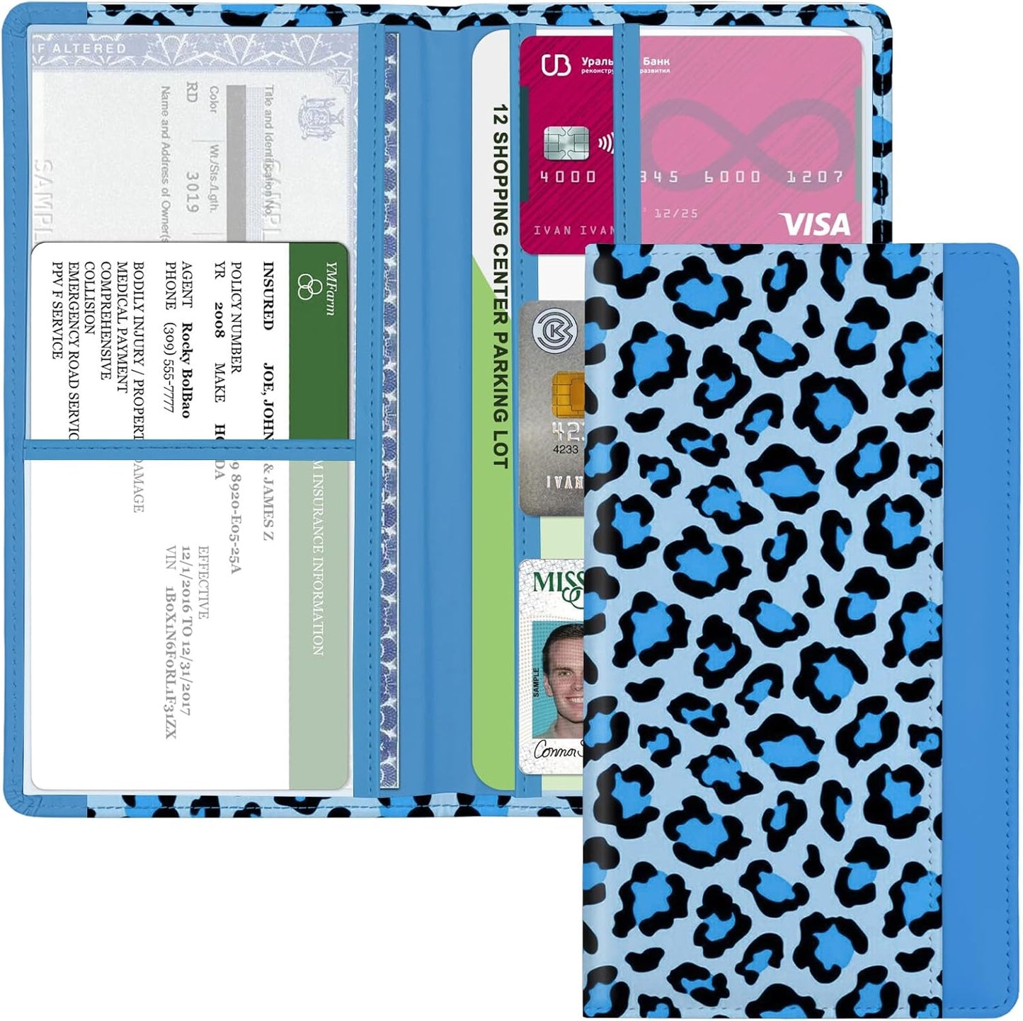 Car Registration and Insurance Holder, with Magnetic Closure for License, Cards and Documents, All Vehicle Needs and Car Accessories (Leopard-Black)