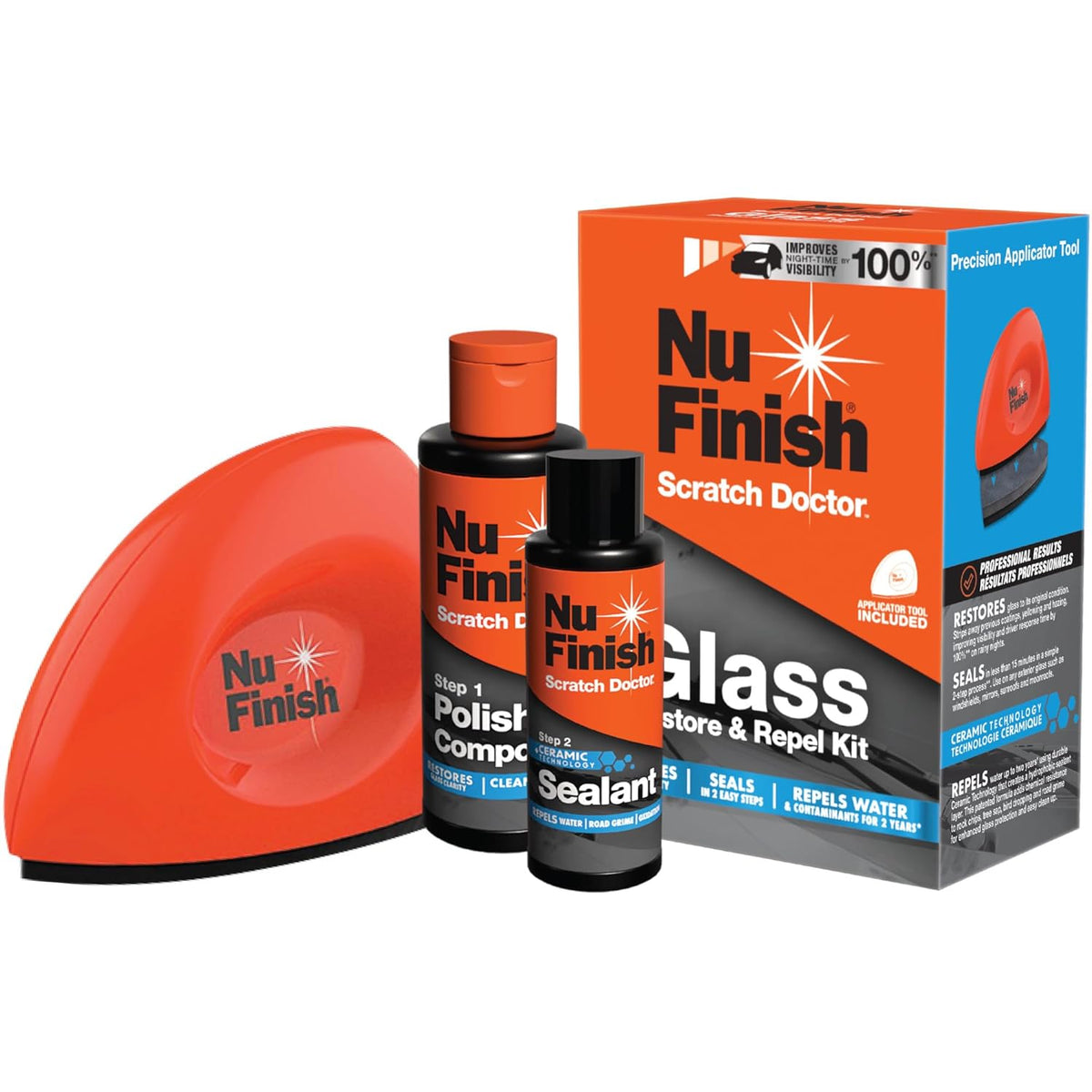 Nu Finish Glass Restore & Repel Kit, Two Step Regimen for Car Windshield, Includes Polishing Compound, Ceramic Sealant, Precision Applicator Tool, and 2 Reusable Sponges