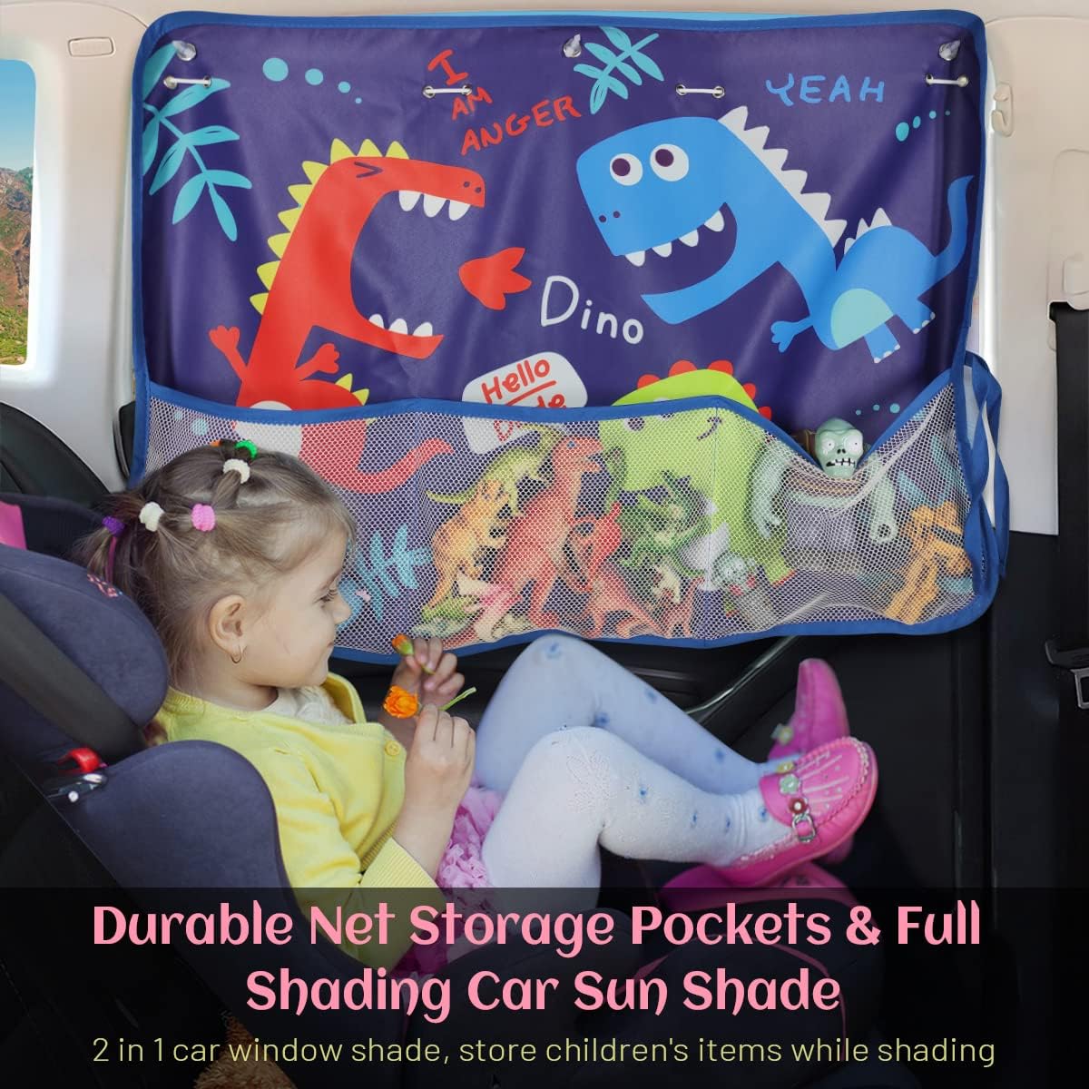 Car Sun Shade Side Window, 2 Pcs Blackout Car Window Shade for Baby Privacy with Storage Net Pockets Auto Curtains 7 Suction Cups for Heat/UV Protection Sun Block Covers