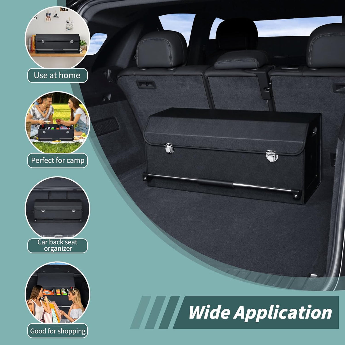 XCF Car Trunk Organizer, Leather Trunk Organizer for SUV with Lid and Sturdy Handle Car Storage Organizer (Black, 20.47 x 11.42 x 12.2in)