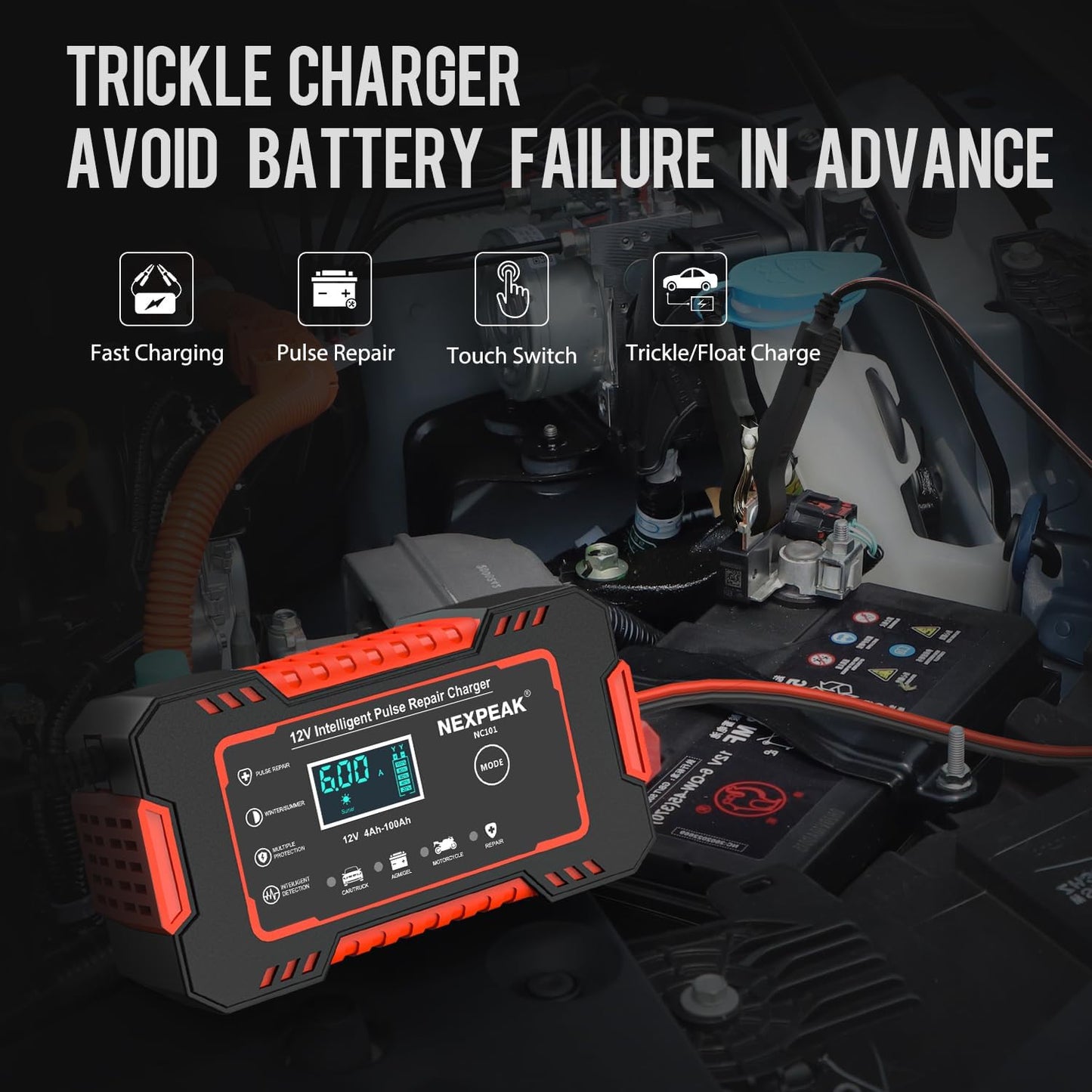 Car Battery Charger, 12V 6A Smart Battery Trickle Charger Automotive Battery Maintainer Desulfator with Temperature Compensation for Car Truck Motorcycle Lawn Mower Boat Marine Lead Acid Batteries