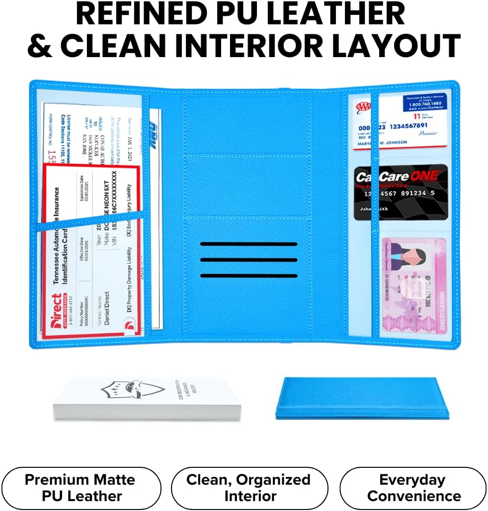 LINTRU Car Registration and Insurance Holder Trifold, Oversized Fit with Reinforced Construction, Matte PU Leather Vehicle Glove Box Organizer for Documents, Car Accessories for Men and Women