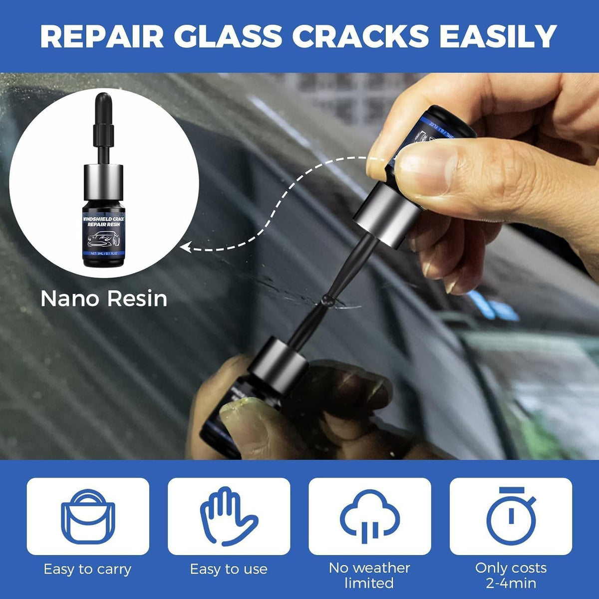 Windshield Chip Repair Kit, Car Cracked Windshield Repair Kit, Quick and Efficiency Glass Repair Tool for Fixing Bulls-Eye, Cracks and Star-Shape Cack,2 Pack