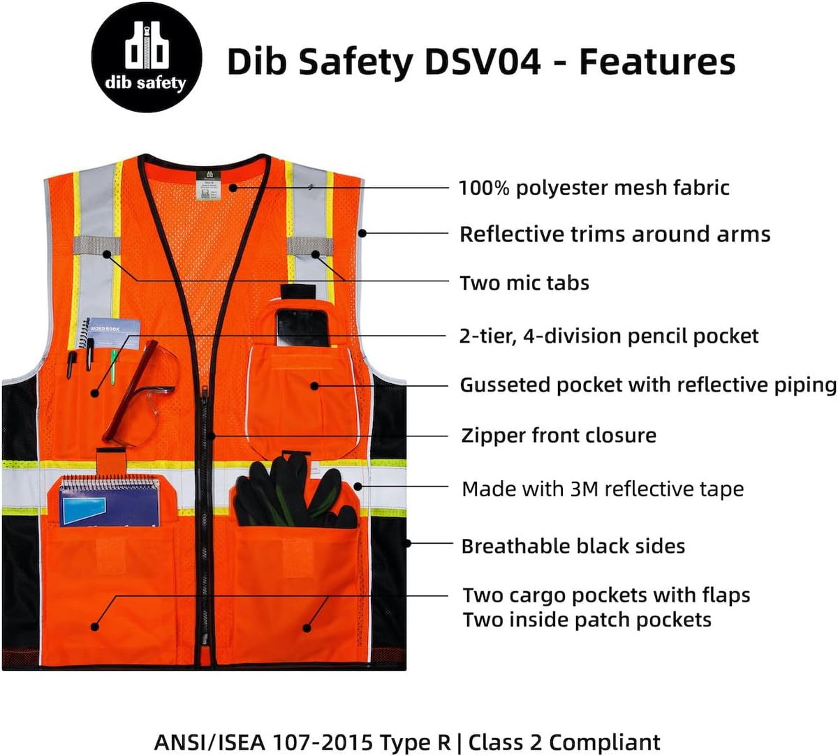 Dib Safety Reflective Mesh Vest ANSI Class 3, High Visibility with Pockets and Zipper, Made with 3M Reflective Tape, Yellow XL