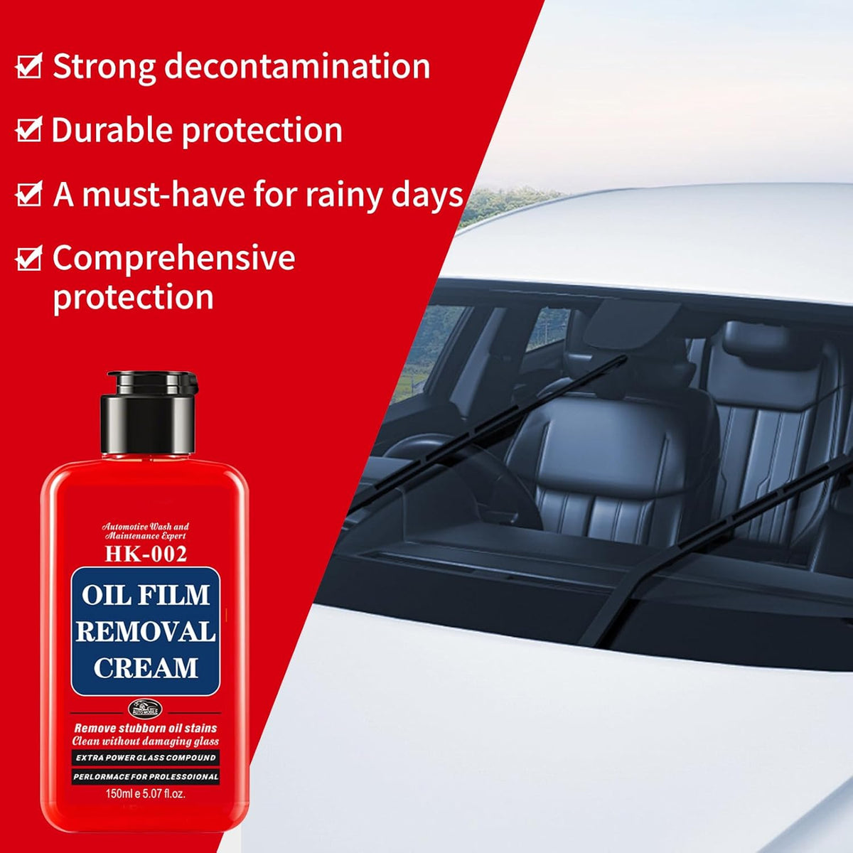 Auto Glass Cleaner & Oil Film Remover - Removes Water Spots, Rain Marks, Anti-Fog Spray for Windshield, Windows, Mirrors. Streak-Free Kit with Sponge, Restores Clarity on Tinted/Home Glass (5.2oz)