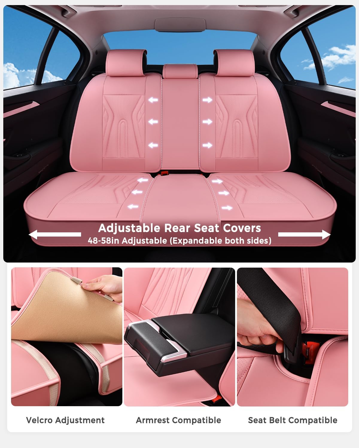 Huidasource Coffee Seat Covers Full Set, Universal Fit for Most Cars Trucks SUV, Full Coverage Leather Seat Cover, Airbag, Cupholder Compatible, Velcro Adjustable, Heaating/Cooling Function Retain
