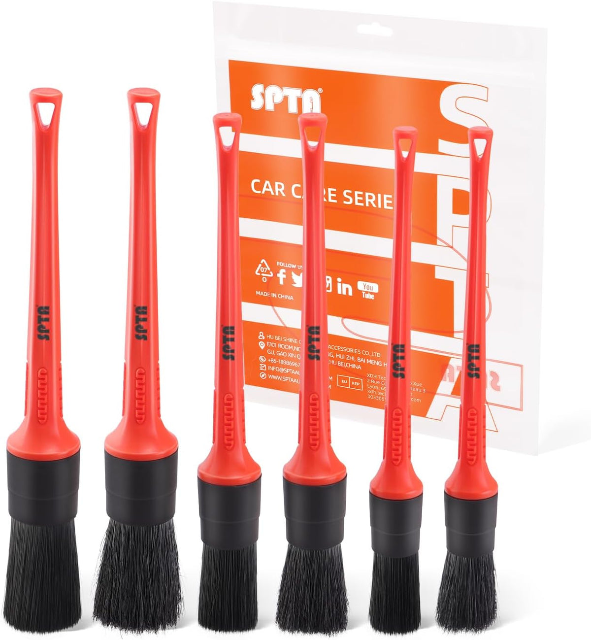 SPTA Car Detailing Brush Set, 5 Pack Soft Boar Hair Auto Detail Brush Kit with Elbow for Automotive Elegant Surface Interior Exterior Dashboard Emblems Panels Engine Bay Wheels Air Vent Seat Leather