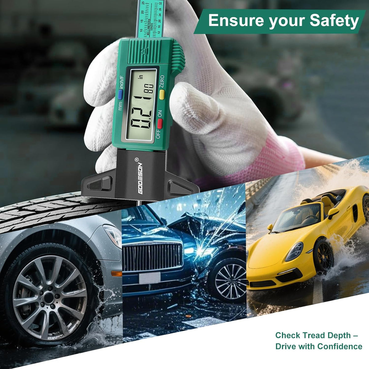 GODESON Tire Tread Depth Gauge, Digital Tire Tread Depth Gauge with 3 Modes-Fractional Inch, Decimal Inch and Millimeter, Tire Depth Gauge for Motorcycles, Cars, SUV, Easy to Read Tread Depth Gauge