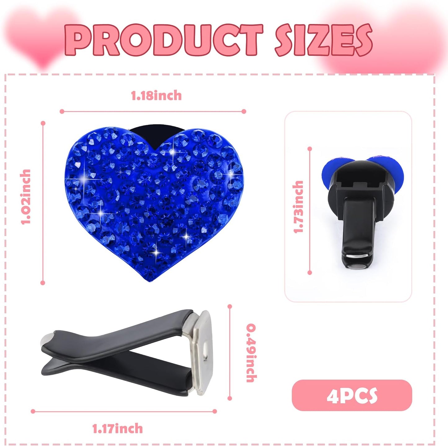 4PCS Heart-Shaped Car Vent Clips with Rhinestone,Bling Air Vent Clips Car Decorations,Premium Shiny Car Clips for Vents CCar Accessories Interior for Cars,Trucks,SUVs (Pink)