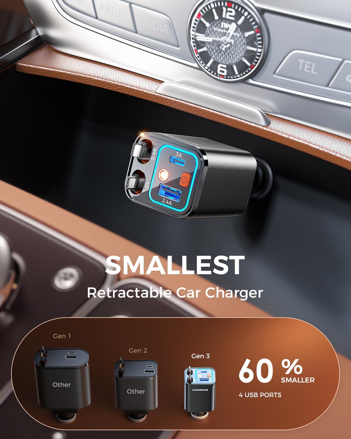 Retractable Car Charger, SUPERONE 99W Car Phone Charger with Cables Fast Charging, USB C Car Charger Adapter for iPhone 17 16 15 14 13 12, Samsung, Black