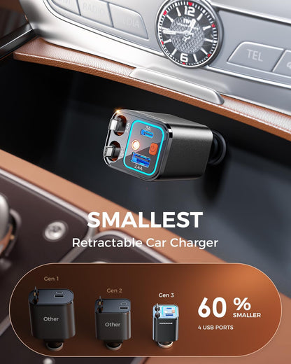 Retractable Car Charger, SUPERONE 99W Car Phone Charger with Cables Fast Charging, USB C Car Charger Adapter for iPhone 17 16 15 14 13 12, Samsung, Black