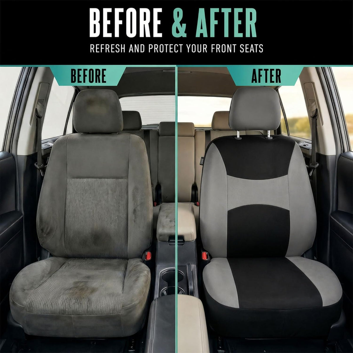 FH Group Full Set Cloth Car Seat Covers, Universal Fit Front and Split Bench Rear, Airbag Compatible, Washable for SUV, Sedan, Van - Black