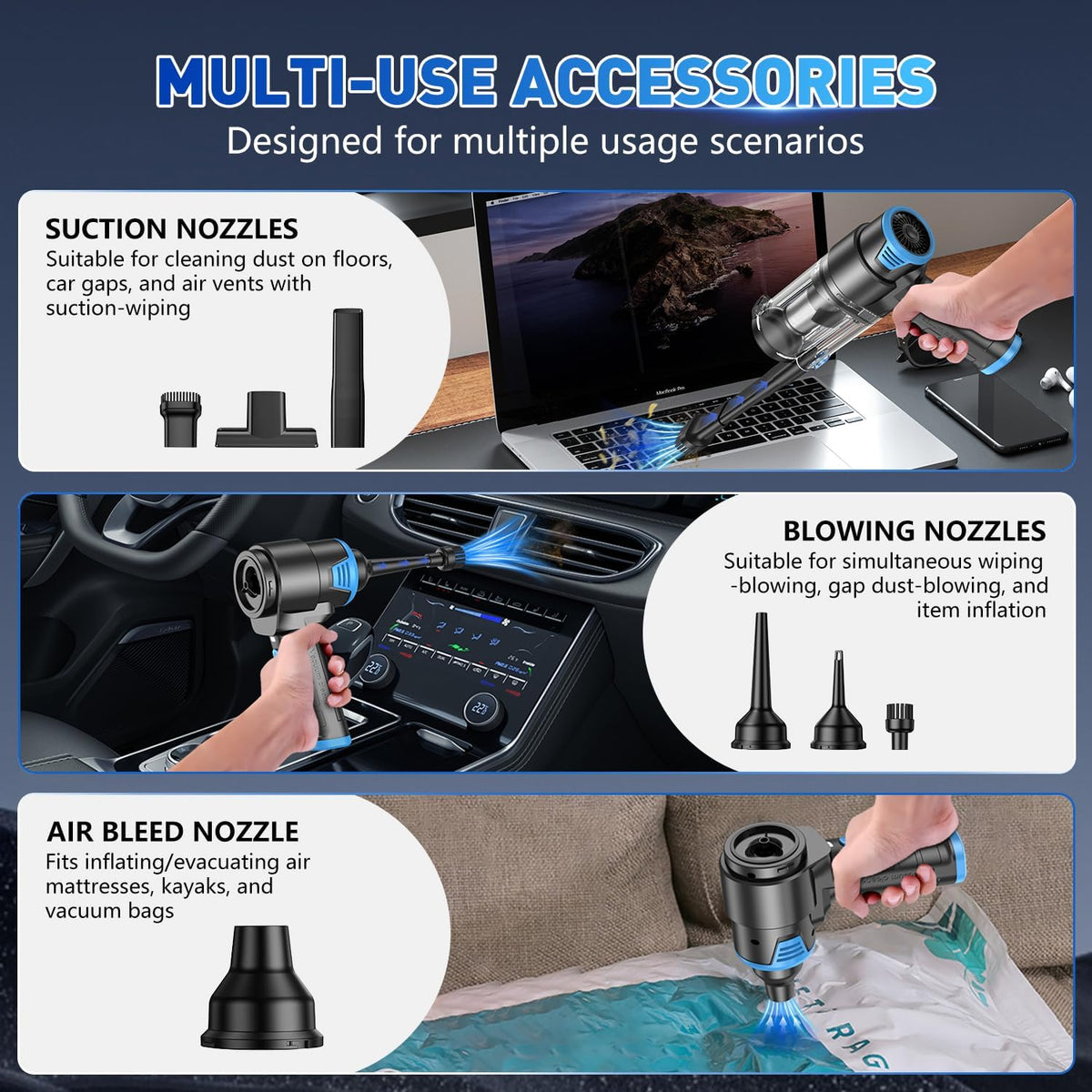 KMM Handheld Car Vacuum Cleaner, 10000PA Vacuum Cleaner & Air Duster, 120W High Power Hand Held Vacuum Cordless, Portable Vacuum Rechargeable with Multi-Nozzles & LED Light for Car, Home, Pet, Office