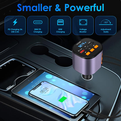 Retractable Car Charger,5 in 1 Fast Cars Phone Charger 90W,Bluetooth 5.3 FM Transmitter Adapter,Handsfree Call,2 Retractable Cables and USB Chargers for iPhone17/16 15/14/13