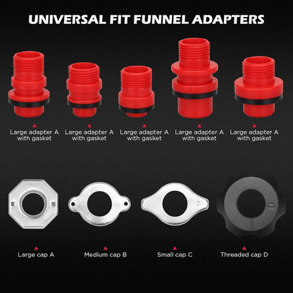 18-Piece Engine Oil Funnel Kit, 1.59QT/1.5L Automotive Oil Funnel Set with 12 Adapters, Elbow Fitting, Arrow Screen and Magnetic Storage Hooks Tray, Compatible with GM, Ford, BMW, Audi, Land Rover Etc