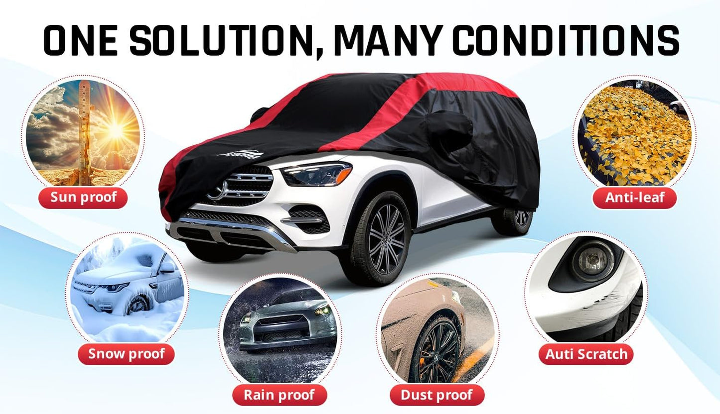 Car Cover Waterproof All Weather Protection with Red Stripe Design, Universal Fit Toyota Camry Solara, Ford Fusion, Kia Stinger Optima, Nissan Maxima, VW Passat, Subaru Legcy