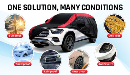 Car Cover Waterproof All Weather Protection with Red Stripe Design, Universal Fit Toyota Camry Solara, Ford Fusion, Kia Stinger Optima, Nissan Maxima, VW Passat, Subaru Legcy