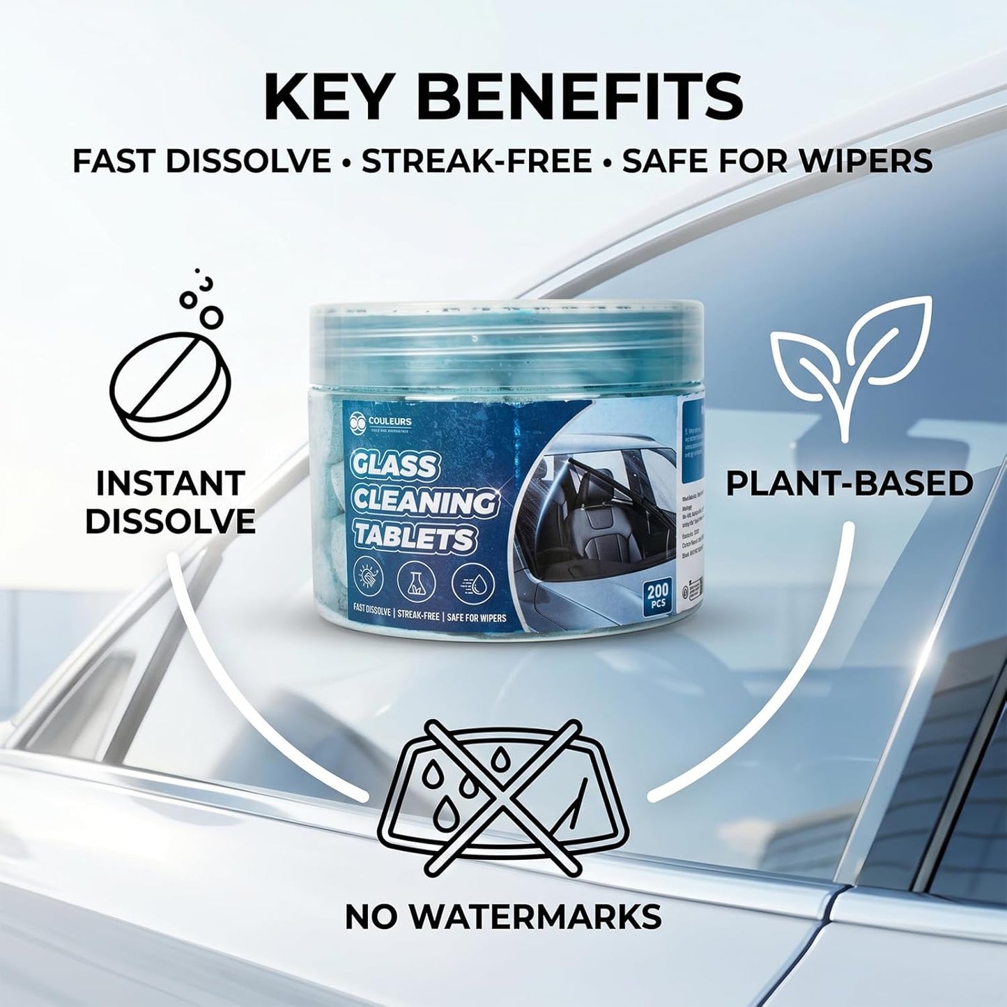 Coldcool Windshield Washer Tablets, 250-Pack Effervescent Car Glass Cleaning Tablets, Streak-Free Windshield Wiper Fluid Concentrate Replacement for All Vehicles