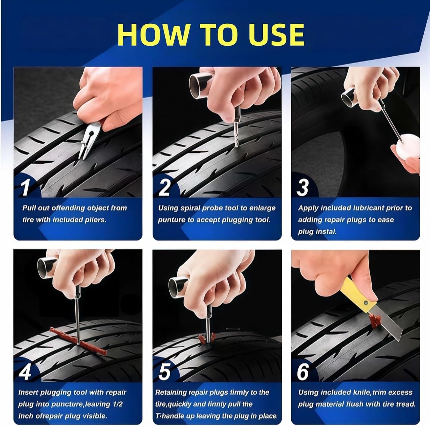 55PCS Tire Repair Kit – Heavy Duty Plug & Patch Kit with Tire Gauge & Valve Tools – Emergency Flat Tire Repair for Car, Truck, Motorcycle, ATV, SUV – Includes Storage Bag & Manual