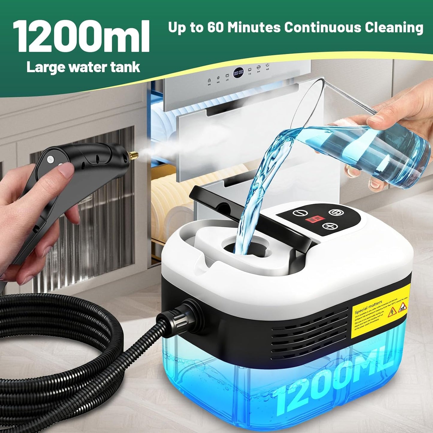 2500W Handheld Steam Cleaner, 15s Fast Heat-Up High Temp Pressurized Steamer, 1.2L Large Tank, Portable Steam Cleaning Machine for Home, Kitchen, Bathroom, Car, Grout & Furniture (Black)