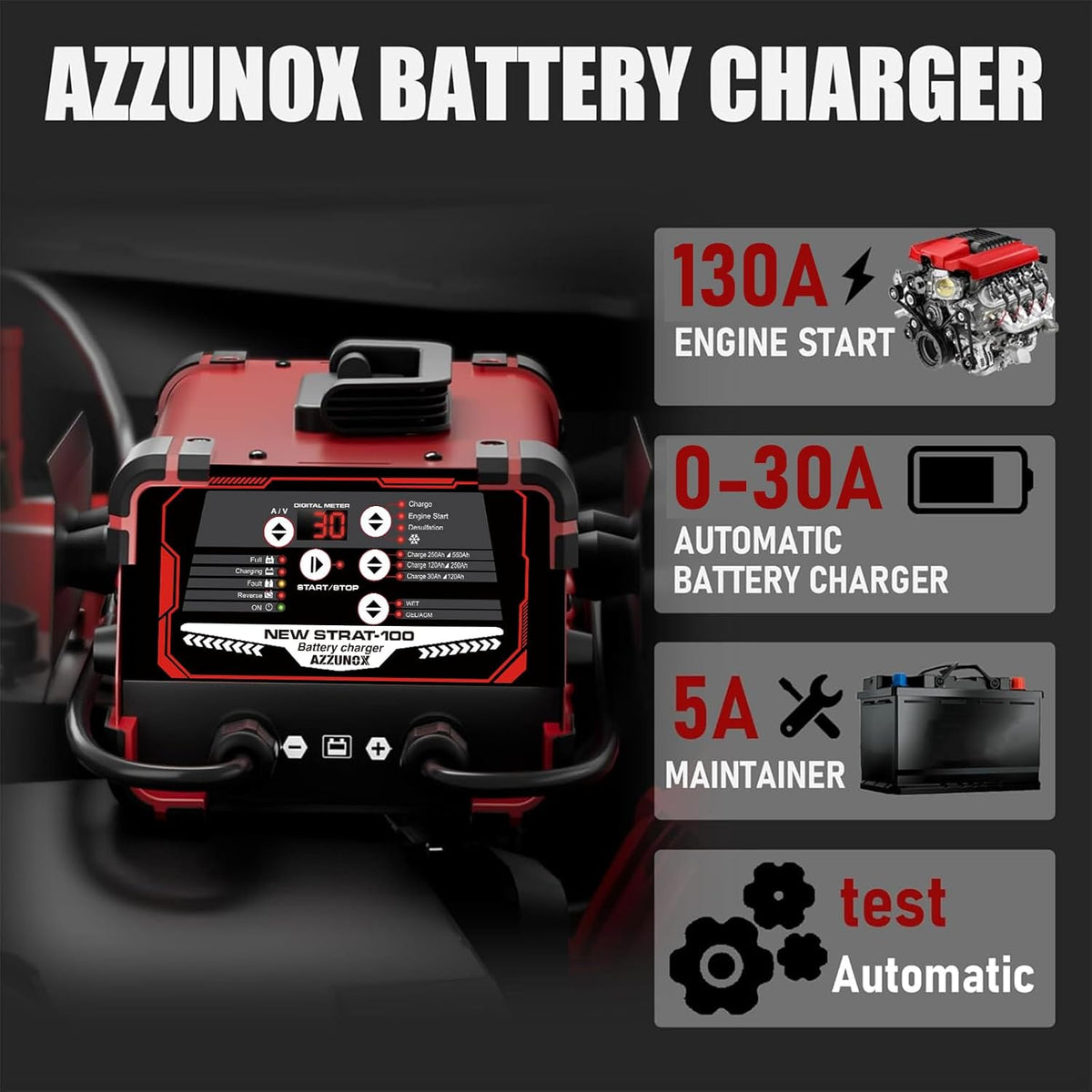 12V/24V Car Battery Charger & Engine Starter – Up to 30A Fast Charging, 130A Cranking Amps, Auto Maintainer, Desulfator, Repair & Winter Mode for AGM, Gel, Deep Cycle Batteries