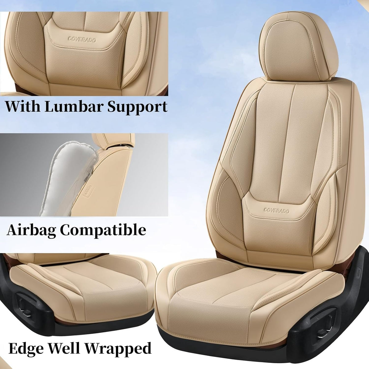 Coverado Seat Covers Full Set, Black Seat Covers for Cars 5 Seats, Car Seat Protector, Waterproof Nappa Leather Car Seat Cushion, Front and Rear Car Seat Cover Fit for Most Sedans SUV Pick-up Truck - Colors A