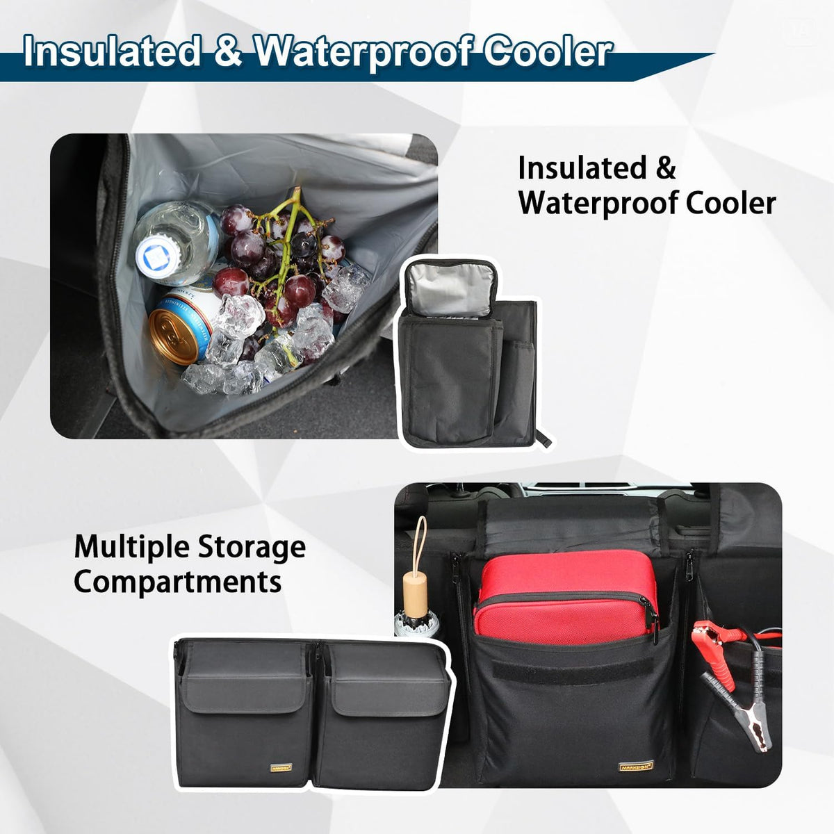 Deluxe Trunk and Backseat Organizer for Medium or Large Size SUVs & RVs, Detachable Storage Modules with Built-in Cooler, Patent Pending