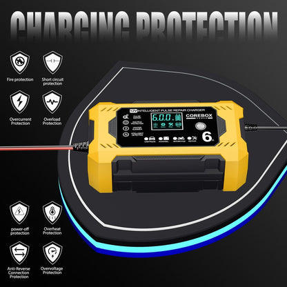 Corebox Battery Charger 6-Amp 12V Automatic Smart Battery Trickle Charger, Battery Maintainer Desulfator with Temperature Compensation for Car Truck Motorcycle Lawn Mower Marine