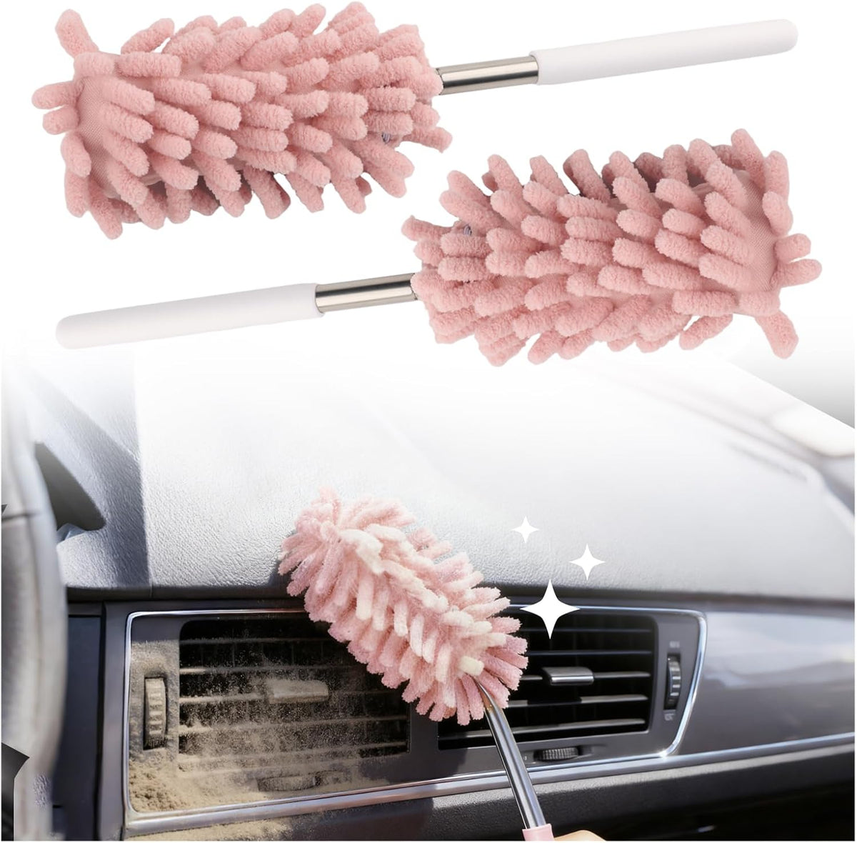 2PCS Car Duster Interior with Bendable Head & Retractable Extension Pole,Pink Microfiber Duster for Car Interior Detailing Cleaning,Universal Cars Interiors Dusters Cars Tools