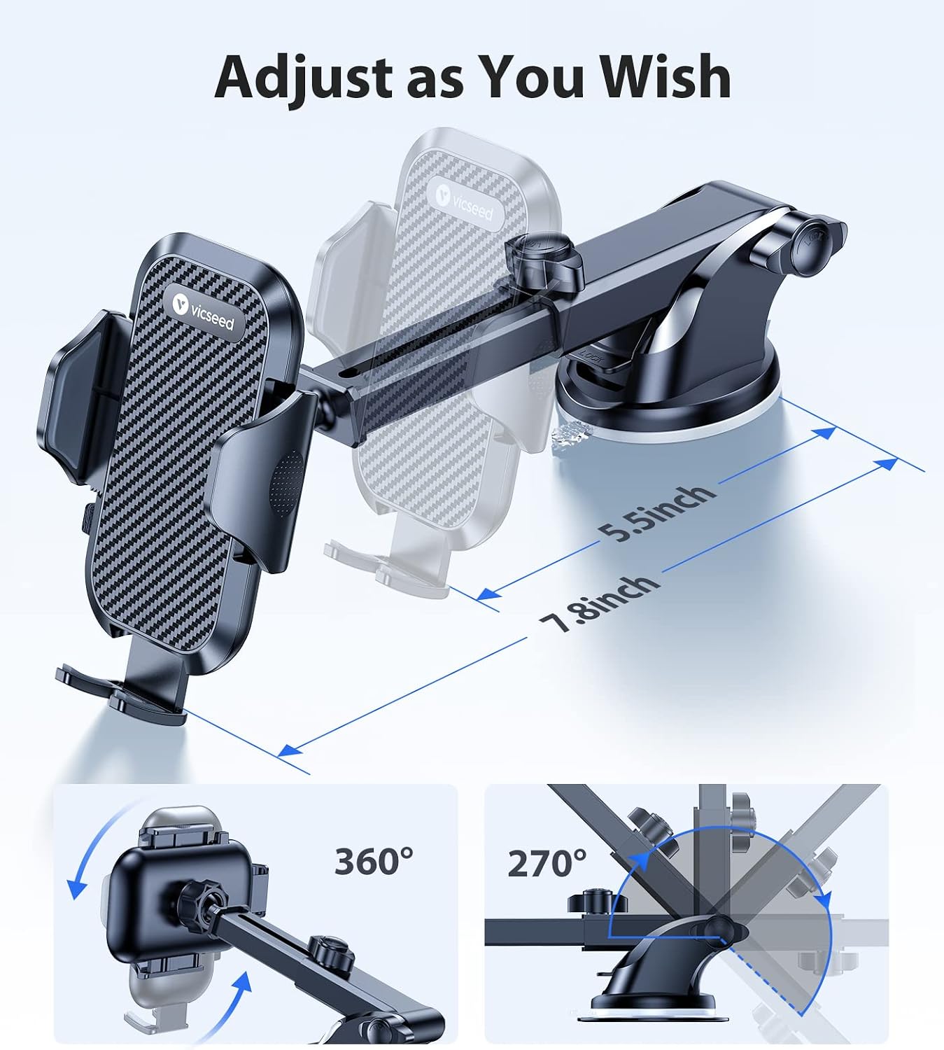 VICSEED 2026 Ultimate Sturdy Car Phone Holder [Upgraded 95+LBS Strongest Suction] Universal Long Arm Cellphone Mount for Car Dashboard Windshield Vent Truck Boat for iPhone 17 16 Pro Max & Android