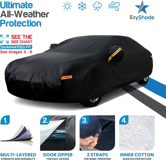 EzyShade 10-Layer Car Cover Waterproof All Weather - See Vehicle Size-Chart - Car Covers for Automobiles & Car Snow Cover - Full Exterior Covers - Winter Rain Sun SUV Sedan. Size A4 (See SizeChart)