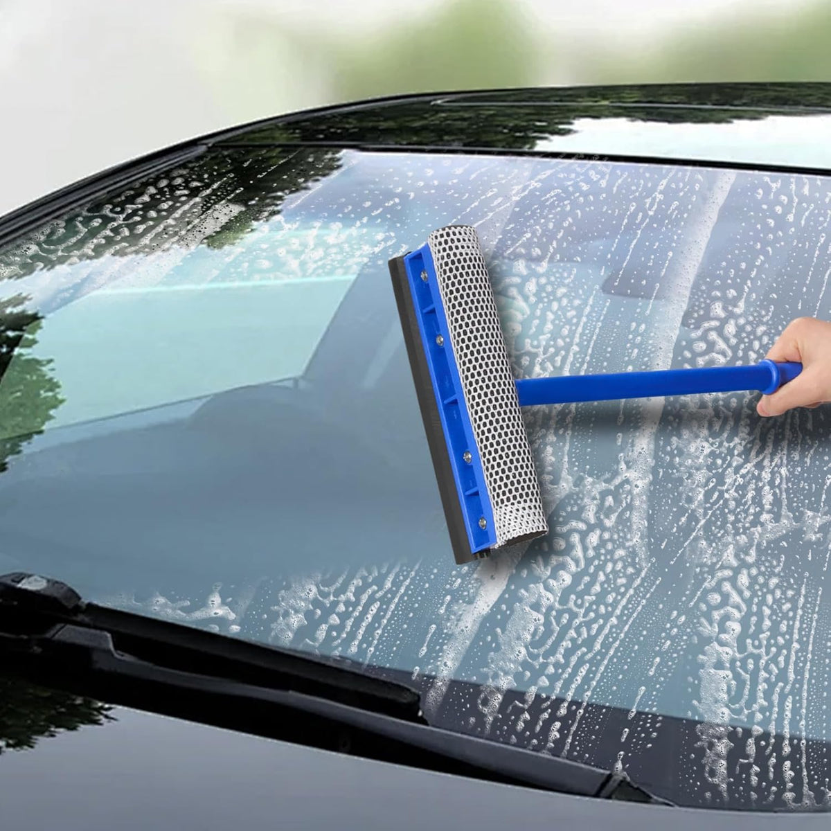 2-in-1 Car Window Cleaner, Multi-Use Car Windshield Cleaning Tool, with 15.9" Handle, 8" Soft Rubber Blade & Highly Absorbent Sponge, Home, Car, Glass, Shower, Outdoor Window Cleaning