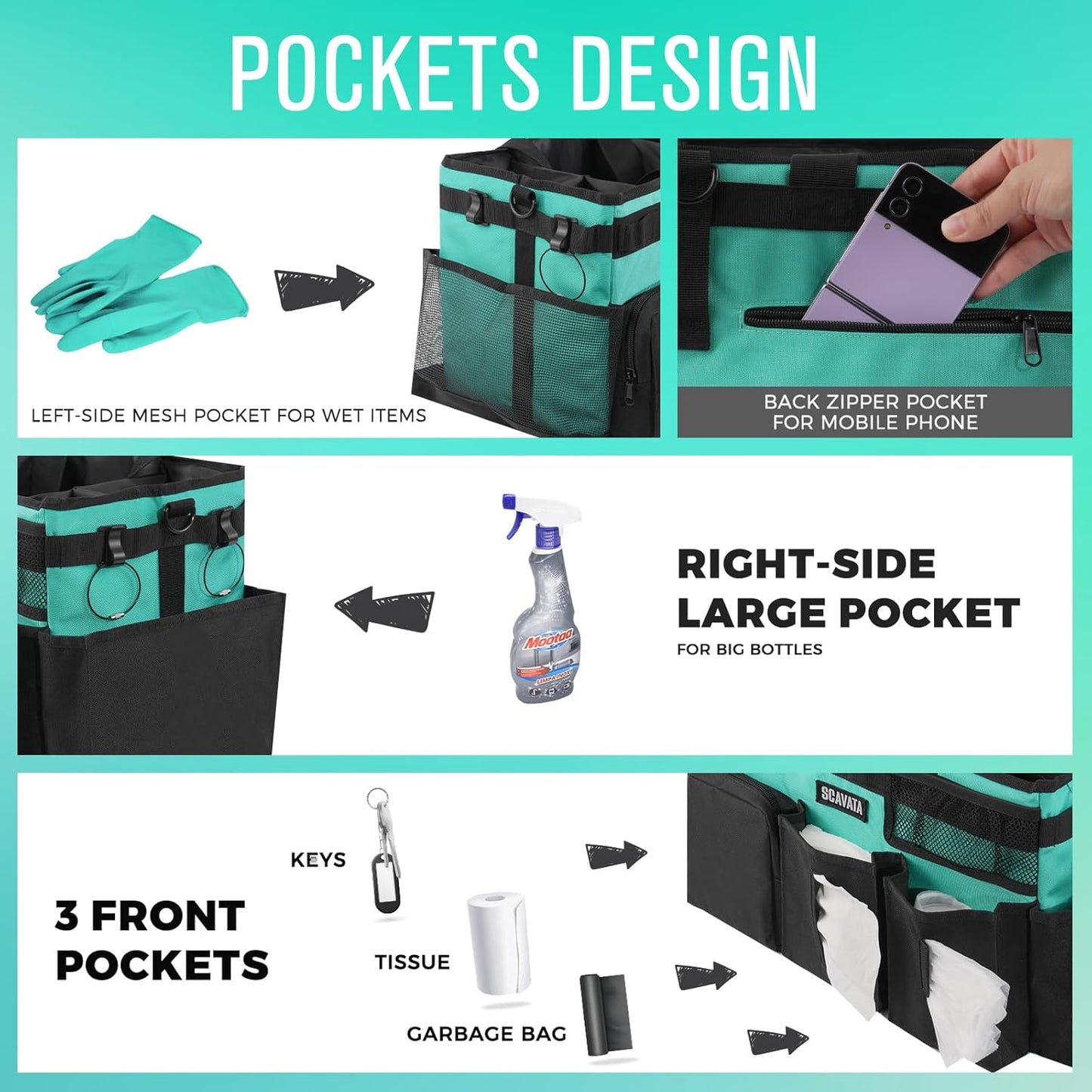 SCAVATA Wearable Cleaning Caddy Bag, Supplies Organizer with Handle & Shoulder Straps for Housekeepers, Under Sink & Car Cleaning Tool Organizer with 4 Foldable Dividers (Black)