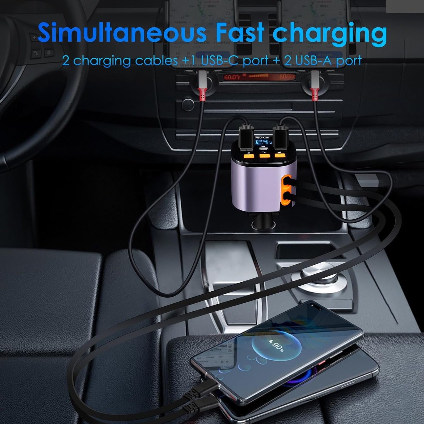 Retractable Car Charger,5 in 1 Fast Cars Phone Charger 90W,Bluetooth 5.3 FM Transmitter Adapter,Handsfree Call,2 Retractable Cables and USB Chargers for iPhone17/16 15/14/13