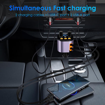 Retractable Car Charger,5 in 1 Fast Cars Phone Charger 90W,Bluetooth 5.3 FM Transmitter Adapter,Handsfree Call,2 Retractable Cables and USB Chargers for iPhone17/16 15/14/13