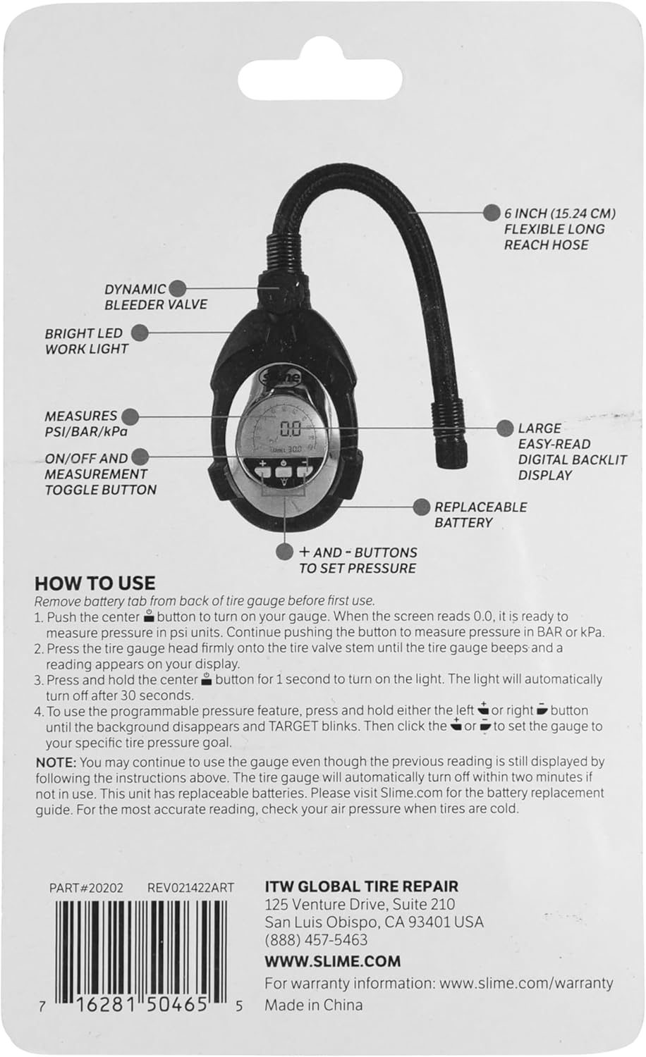 Slime 20049 Tire Pressure Gauge, Large Face Dial Analogue Gauge, 5-60 PSI