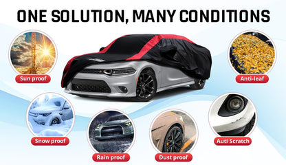 Car Cover Waterproof All Weather Protection with Red Stripe Design, Universal Fit Toyota Camry Solara, Ford Fusion, Kia Stinger Optima, Nissan Maxima, VW Passat, Subaru Legcy