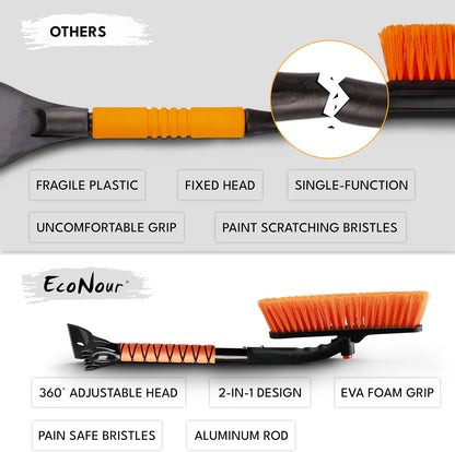 EcoNour 27" 3 in 1 Snow Brush with ice Scraper for car Windshield and Window | 360° Aluminum Rotatable Snow Brush for car | Winter Snow Removal Tools with Detachable Foam Grip | Winter Car Accessories