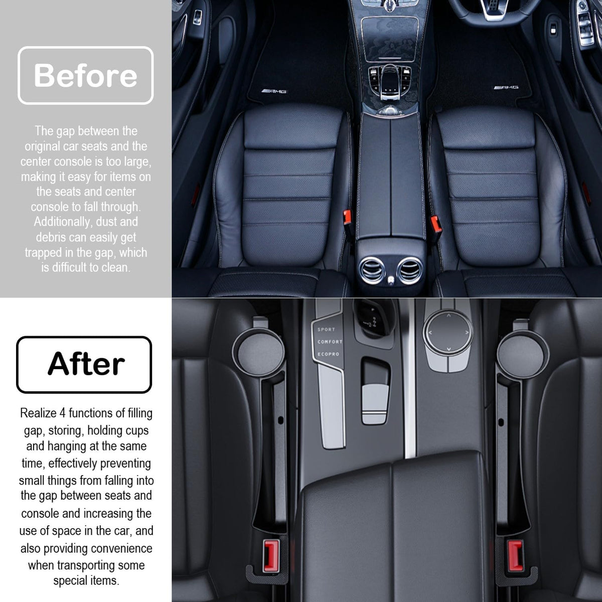 Car Seat Gap Plug with Storage Slot, Auto Gap Filler Organizer with Cup Holder, Universal Carseat Side Gap Filler Strip 2 Pack Between Front Seats & Console, Anti-Drop Pad with Seatbelt Holes, Black