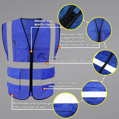 HYCOPROT High Visibility Mesh Safety Reflective Vest with Pockets and Zipper, Meets ANSI/ISEA Standards