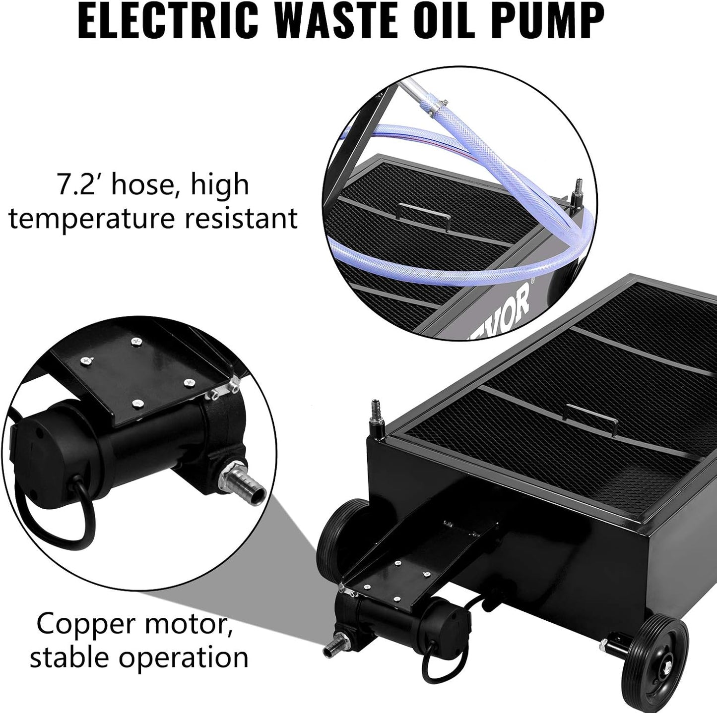 VEVOR Low Profile Oil Drain Pan, 17 Gal Capacity, Rolling Oil Drain Pan with 110V High-Flow Electric Pump, 7.2 ft Hose & T Folding Handle, Leak-proof & Corrosion-resistant, Fit for Trucks, ATVs, Black