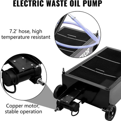 VEVOR Low Profile Oil Drain Pan, 17 Gal Capacity, Rolling Oil Drain Pan with 110V High-Flow Electric Pump, 7.2 ft Hose & T Folding Handle, Leak-proof & Corrosion-resistant, Fit for Trucks, ATVs, Black