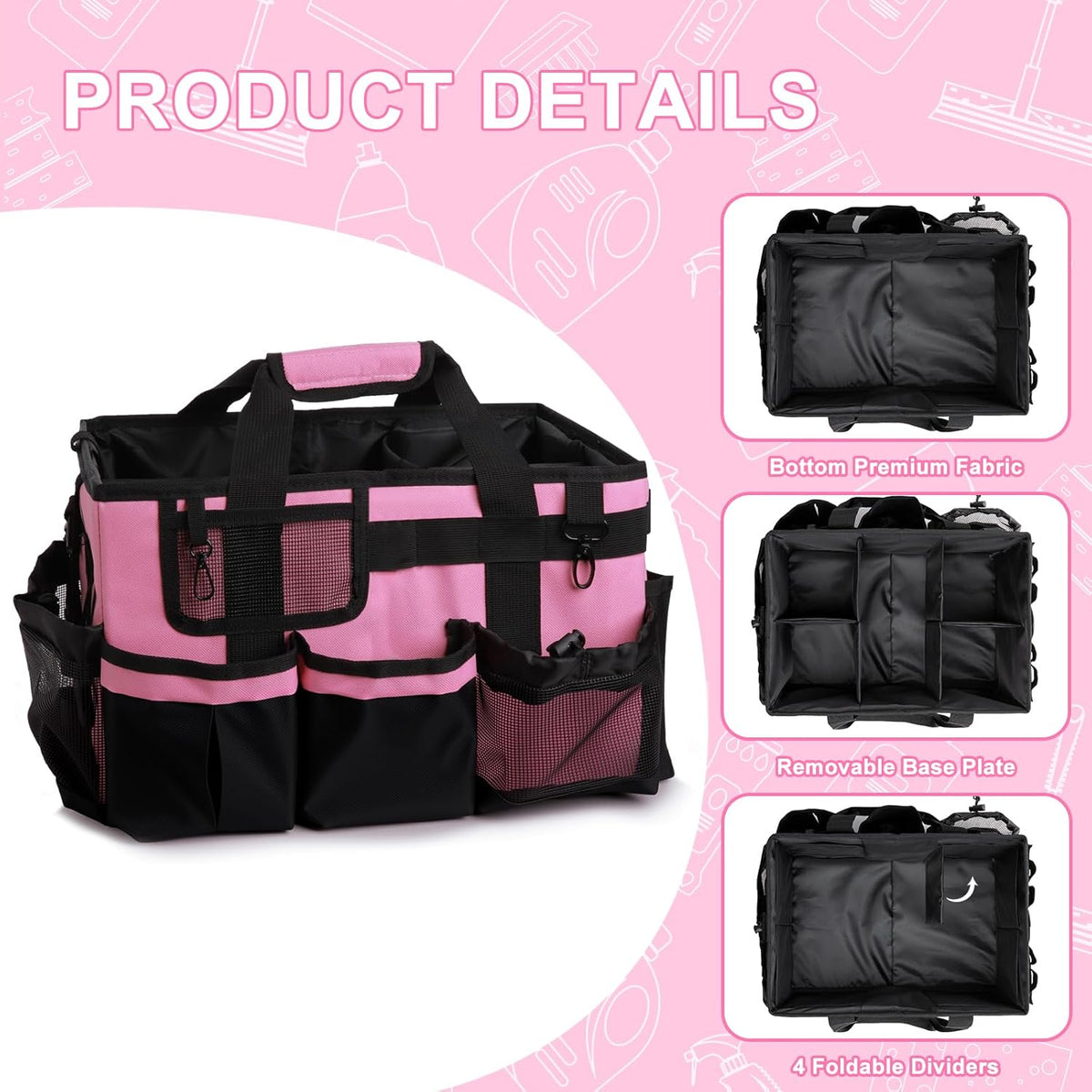 Large Cleaning Caddy Bag with Built-in Support Board, Wearable Cleaning Supplies Organizer with Adjustable Shoulder Strap & Waist Belt, Waterproof Heavy Duty Tote for Housekeepers Car Detailing