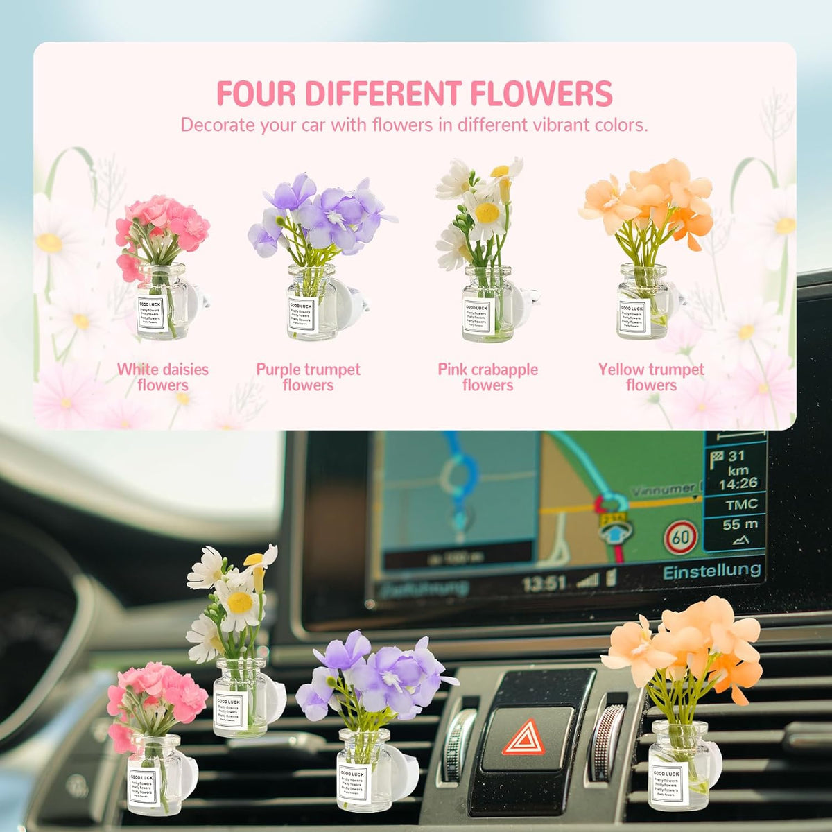 4 Pack Flowers Car Vent Clips, Cute Daisy Plants Vase Air Conditioning Outlet Clip with Fragrance Pads, Charm Scent Perfume Automotive Interior Decorations for Women