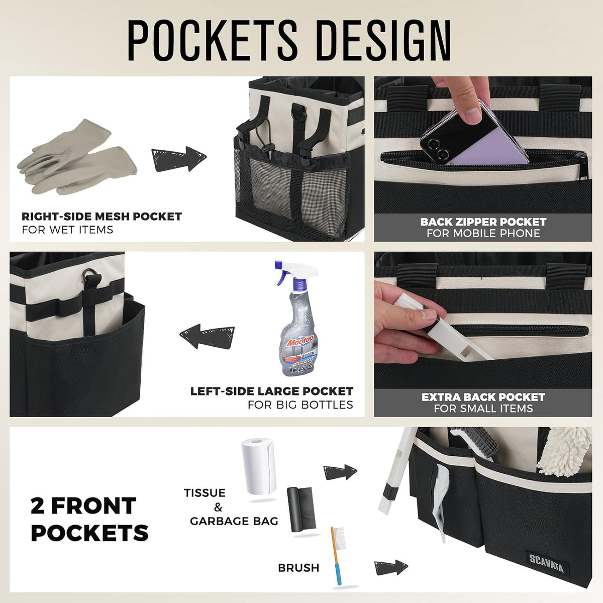 SCAVATA Compact Wearable Cleaning Caddy, Small Supplies Organizer with Handle & Shoulder Straps for Housekeepers, Under Sink & Car Cleaning Tool Organizer Bag (Black)