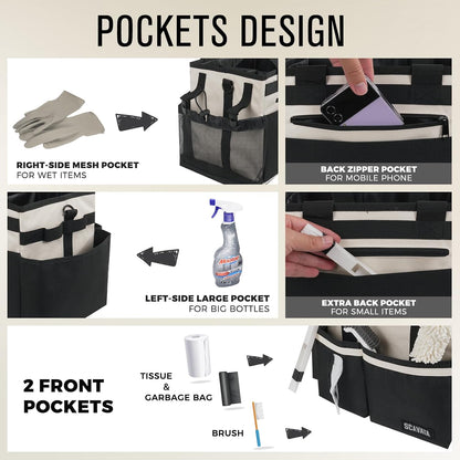 SCAVATA Compact Wearable Cleaning Caddy, Small Supplies Organizer with Handle & Shoulder Straps for Housekeepers, Under Sink & Car Cleaning Tool Organizer Bag (Black)