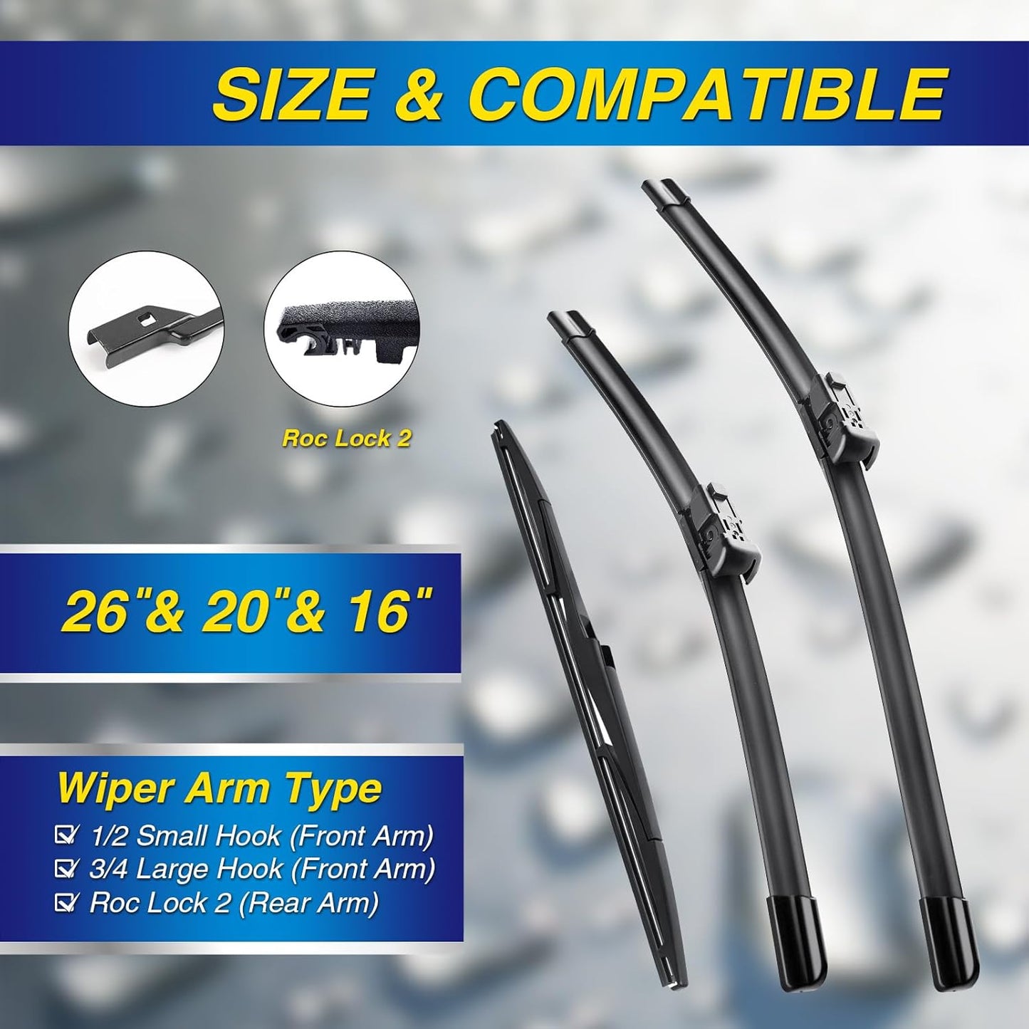 5 PLUS® Silicone Windshield Wipers Replacement for 2019-2024 Toyota RAV4/ 2006-2015 Mazda 5 Wiper Blades(Set of 3), Windshield Wiper Blades For My Car-26"/16"/12" - Colors C